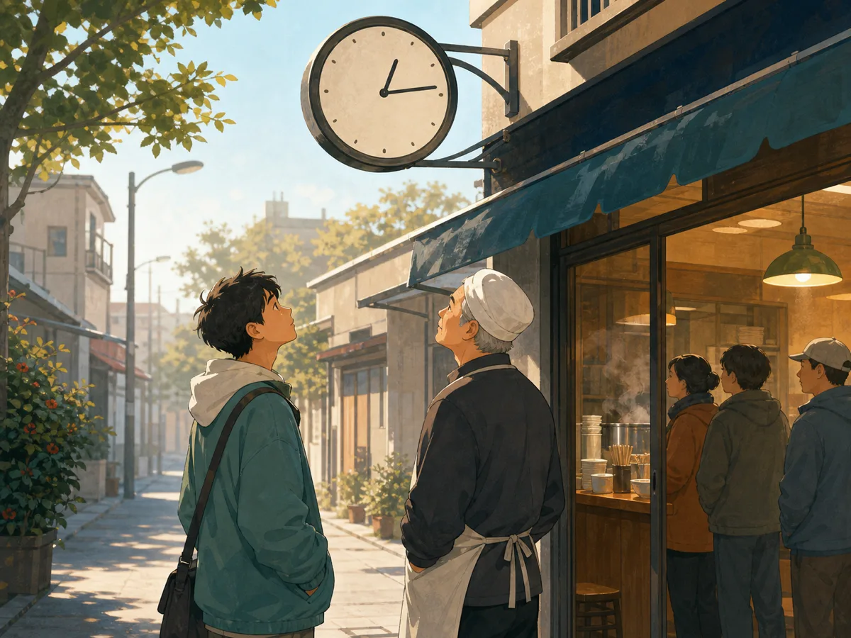 Friends look at a noodle shop menu with no prices while Uncle Chen smiles nearby.